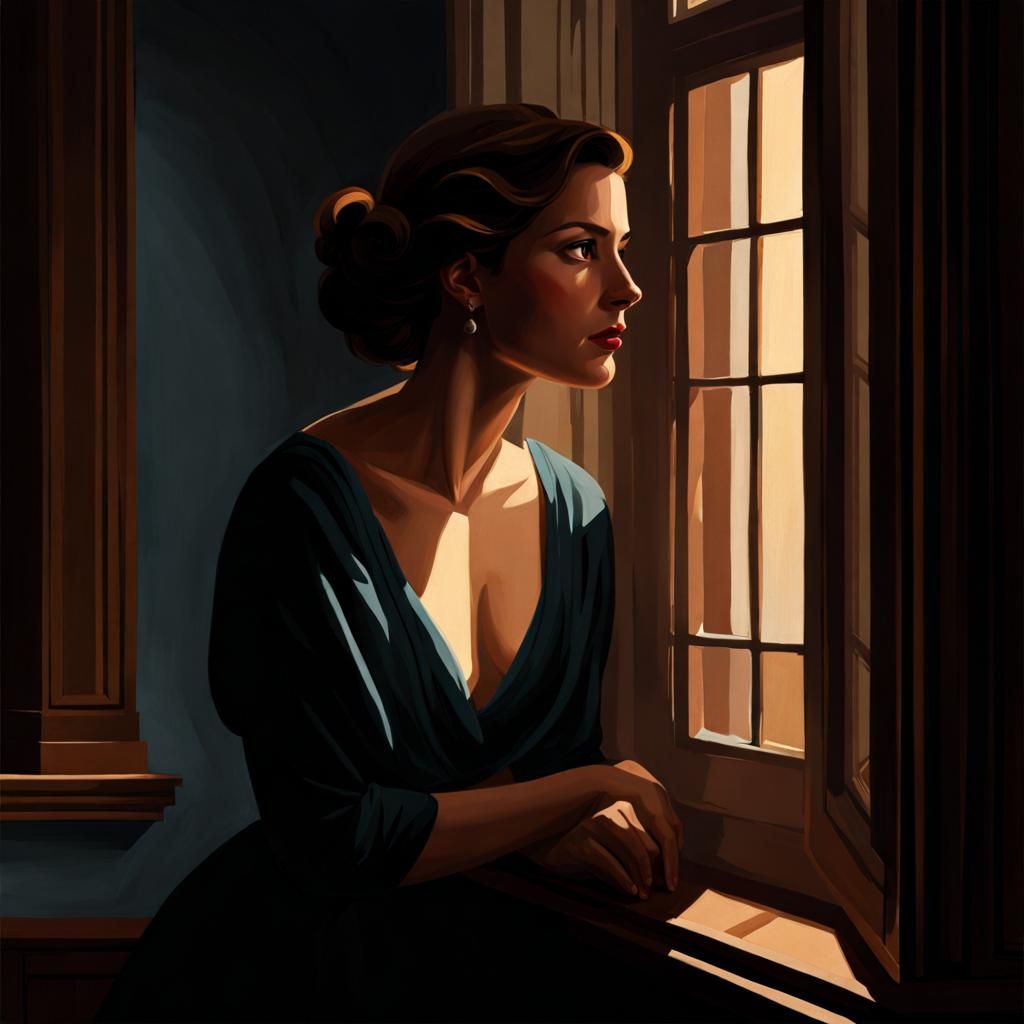 Woman Waiting in Dimly Lit Room: Digital Painting