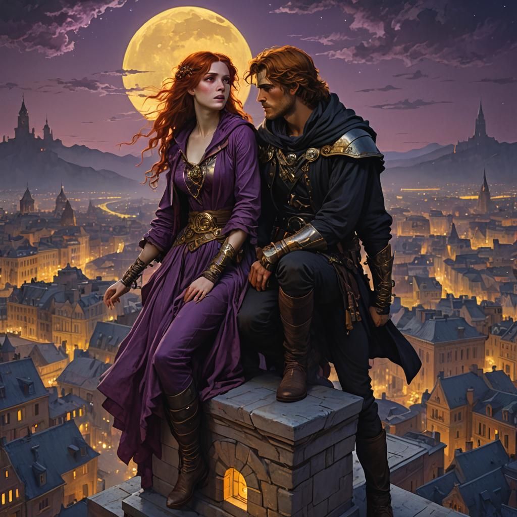 Fantasy Rogue and Lover Overlook Moonlit City