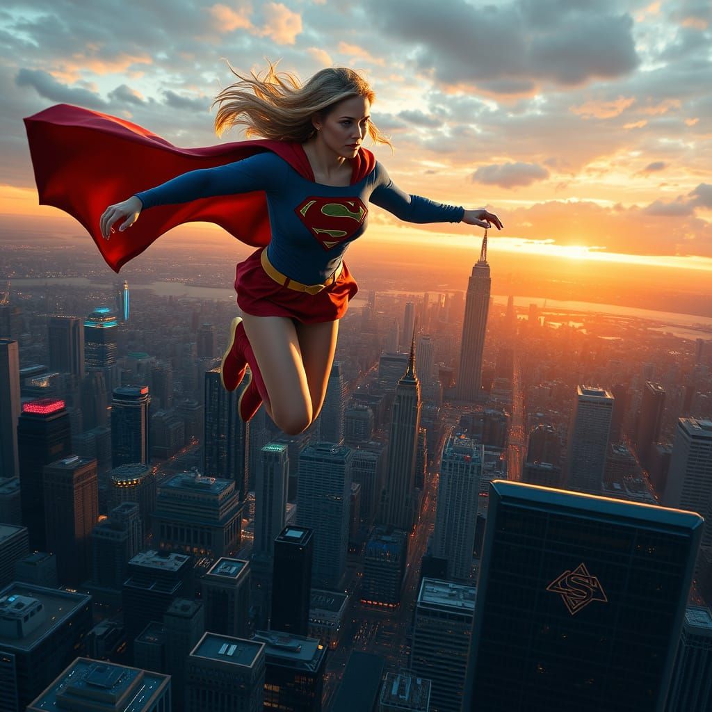Supergirl Lands on Skyscraper Rooftop in Epic Sunset Metropo...