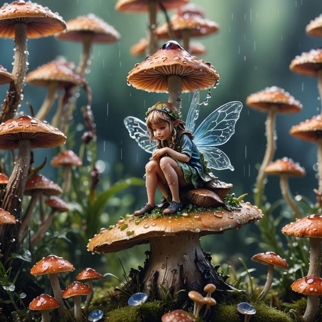 Tiny Fairy on Mushroom: Hyperrealistic Macro Photography