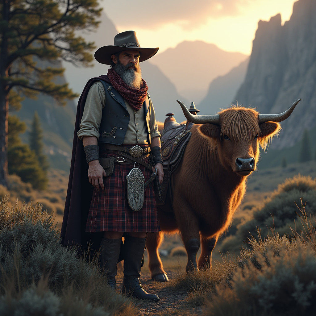 Scotsman Cowboy in Highland Wild West Landscape