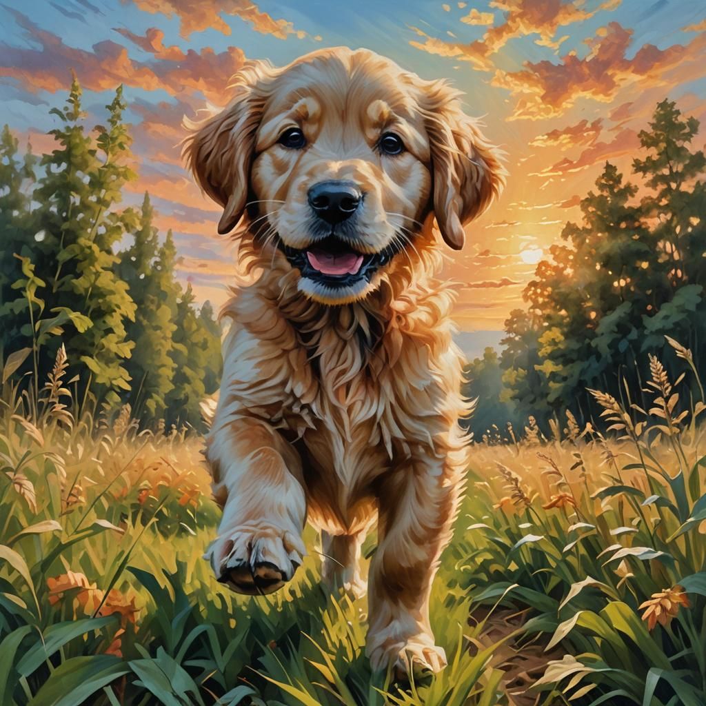 Golden Retriever Puppy Runs Through Lush Field