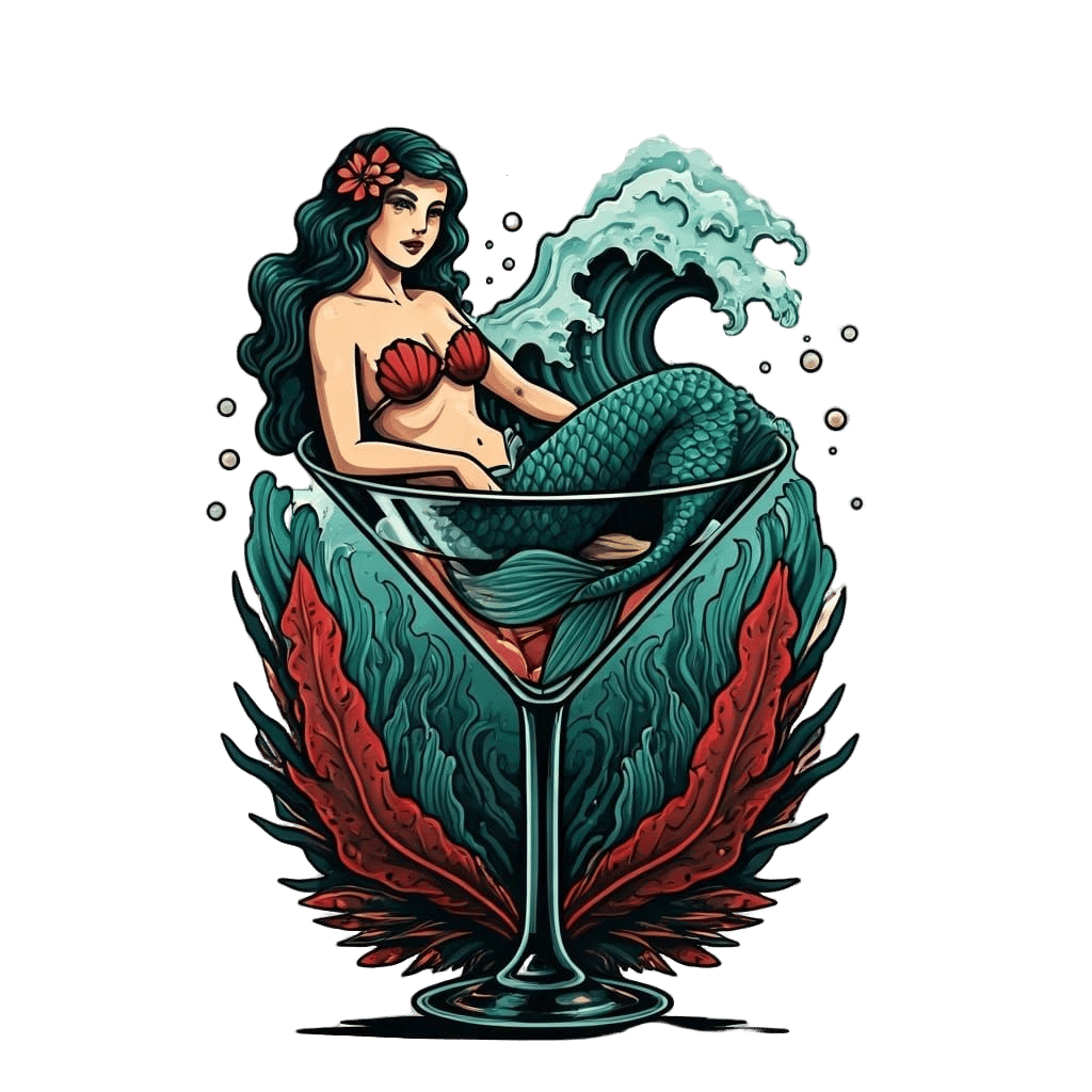 Mermaid in Martini Glass Logo Stencil Tattoo