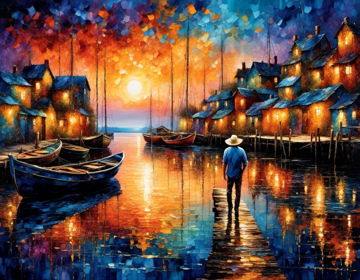 Romantic Sunset Landscape Painting of Musician on Jetty