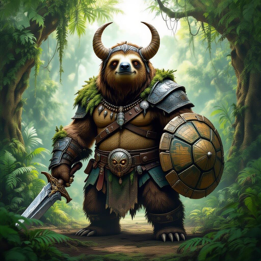 Giant Warrior Sloth in Ancient Jungle, Epic Fantasy Style