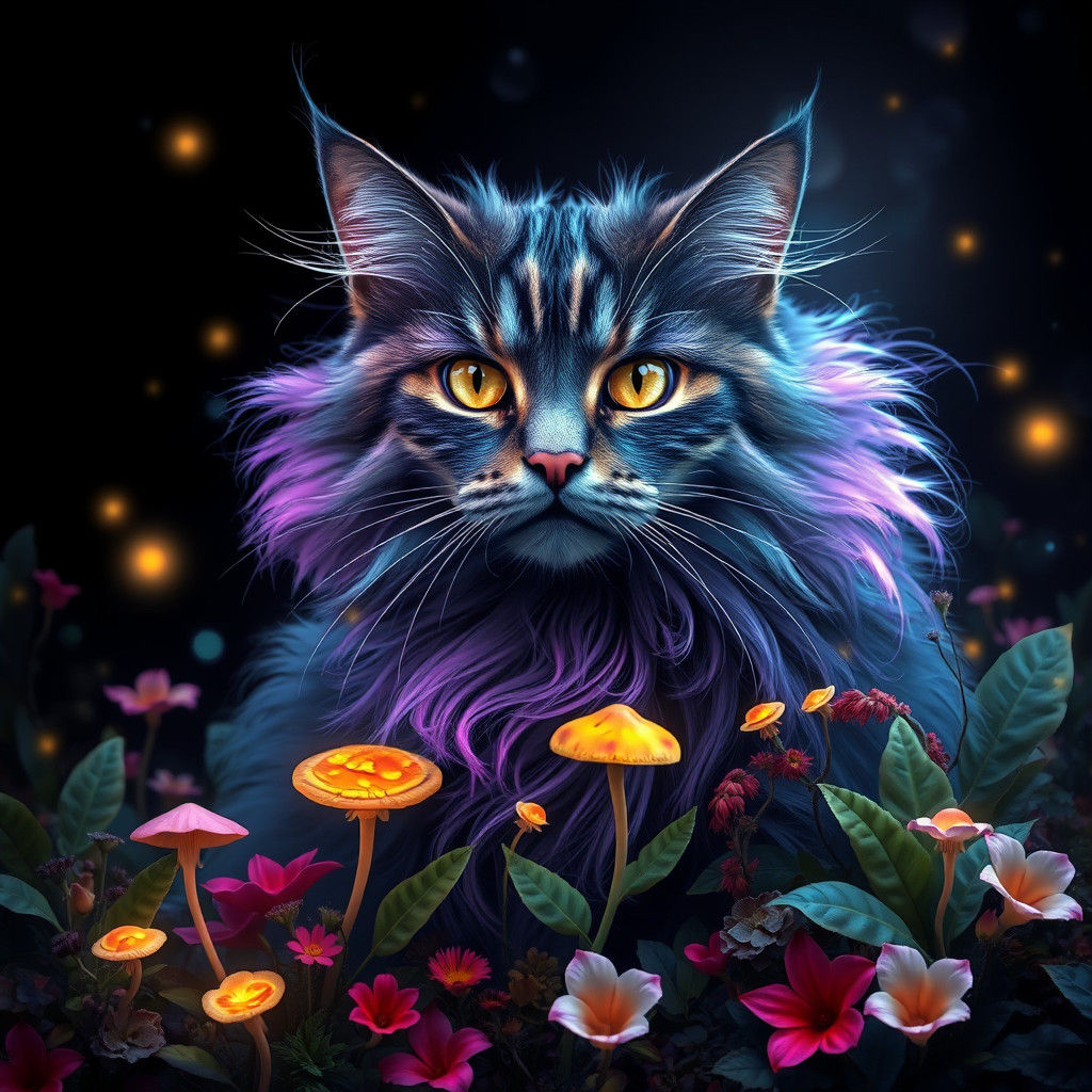 Majestic Iridescent Cat in Fantasy Landscape