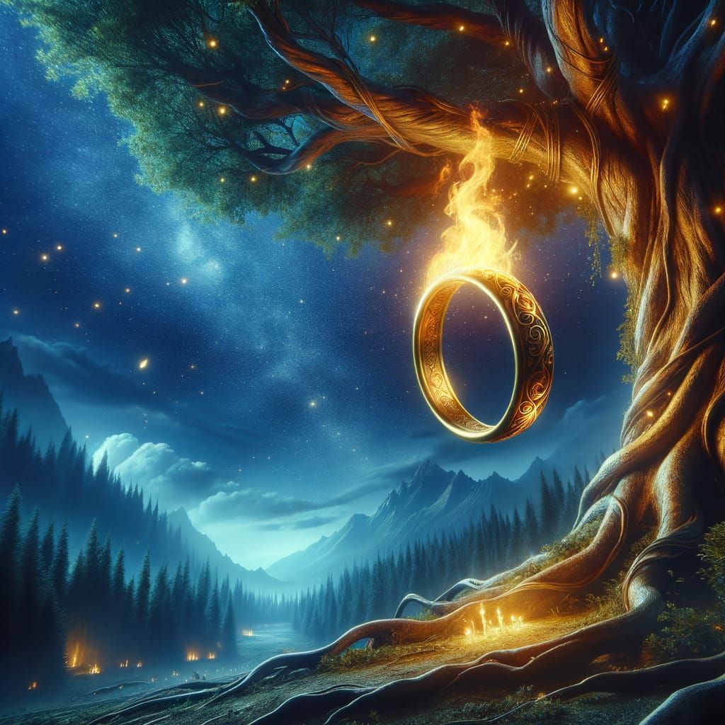 Mystical Gold Ring Glows with Fiery Magic Under Starry Skies
