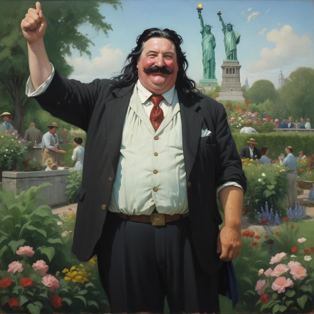 Man Cosplays Statue of Liberty, Oil Painting