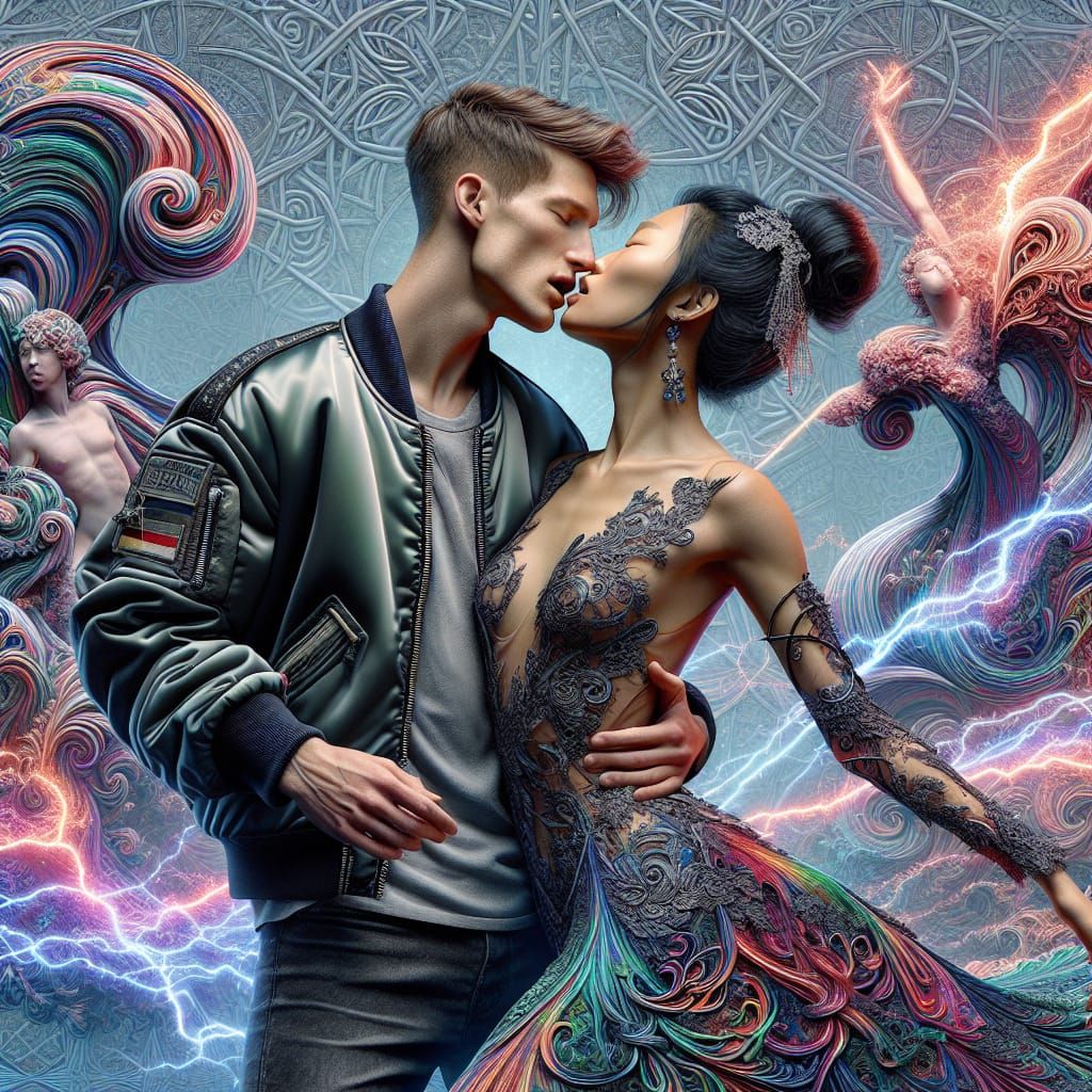 Passionate Kiss in Electric Rainbow Latticework