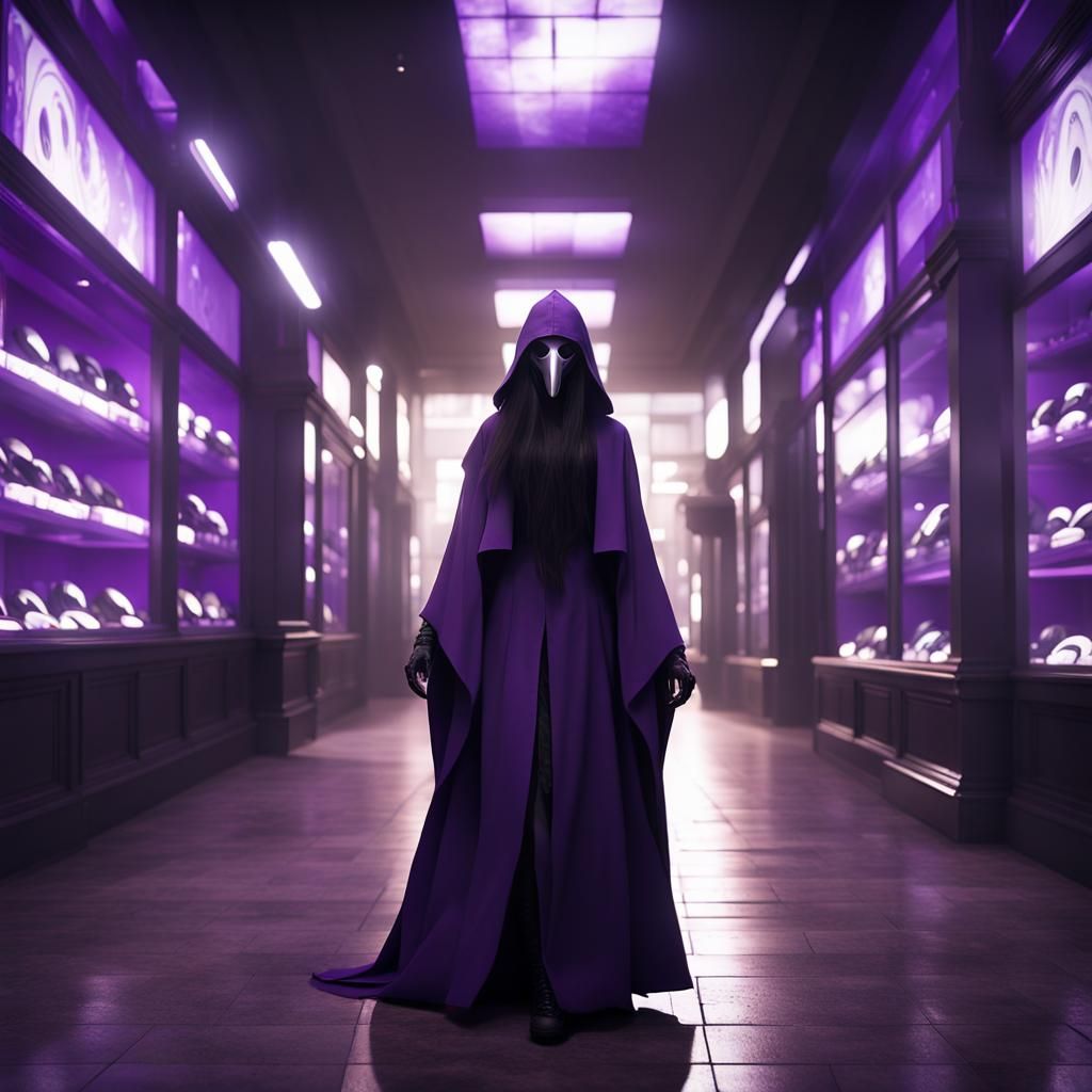 Woman in Plague Doctor Mask in Empty Mall