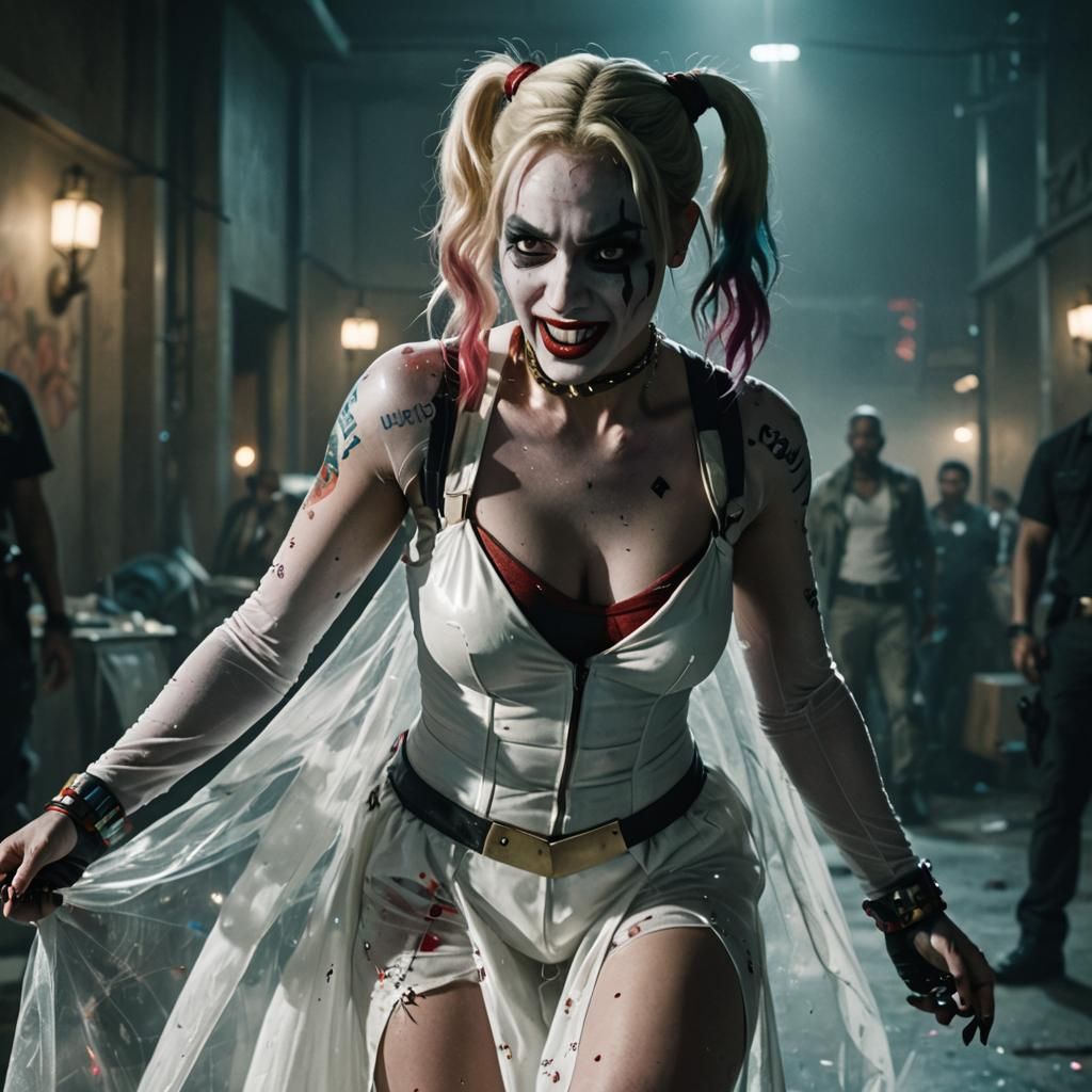 Harley Quinn in Transparent Gown: Cinematic Film Still