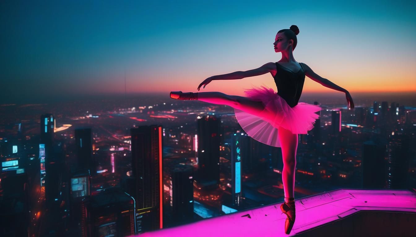 Cyberpunk Ballerina on Skyscraper in Neon City