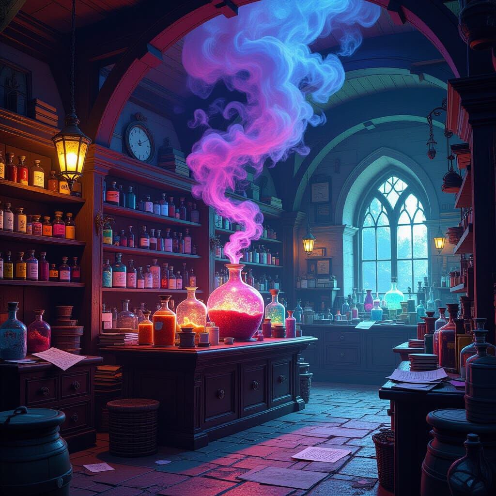 Cluttered Apothecary Shop in Warm Evening Light