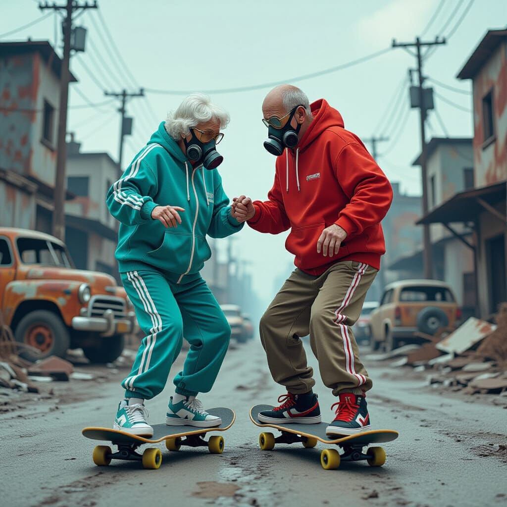 Elderly Couple Skateboarding in Post-Apocalyptic Wasteland