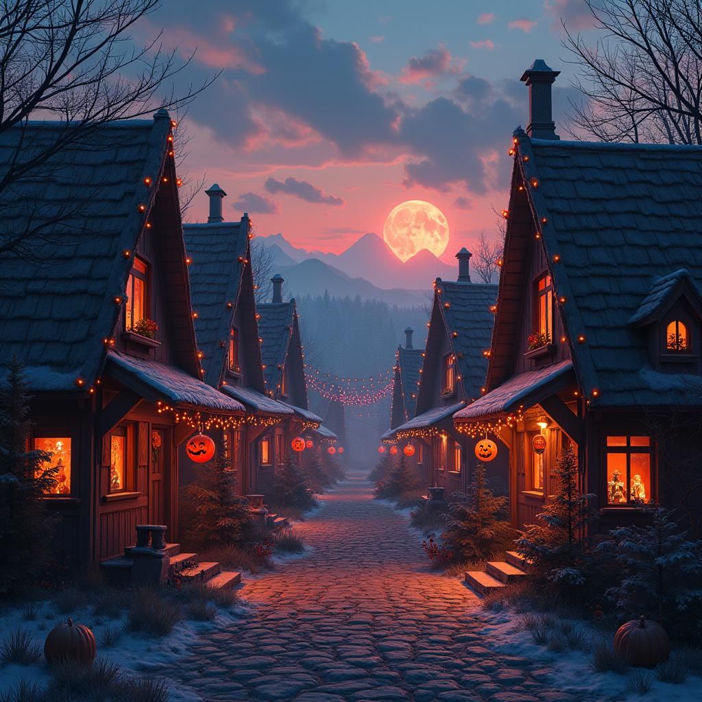 Festive Halloween Village at Dusk: Matte Painting Style