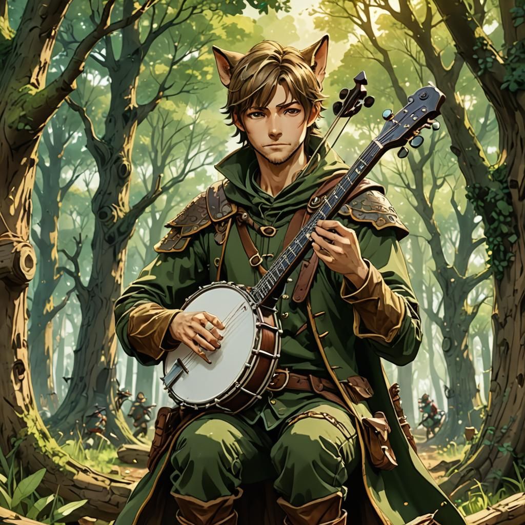 Robin Hood with Banjo in Anime Style Forest