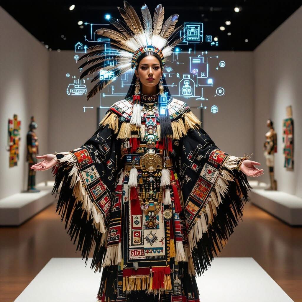 Aztec Cloak: Futuristic Wearable Tech in Digital Art