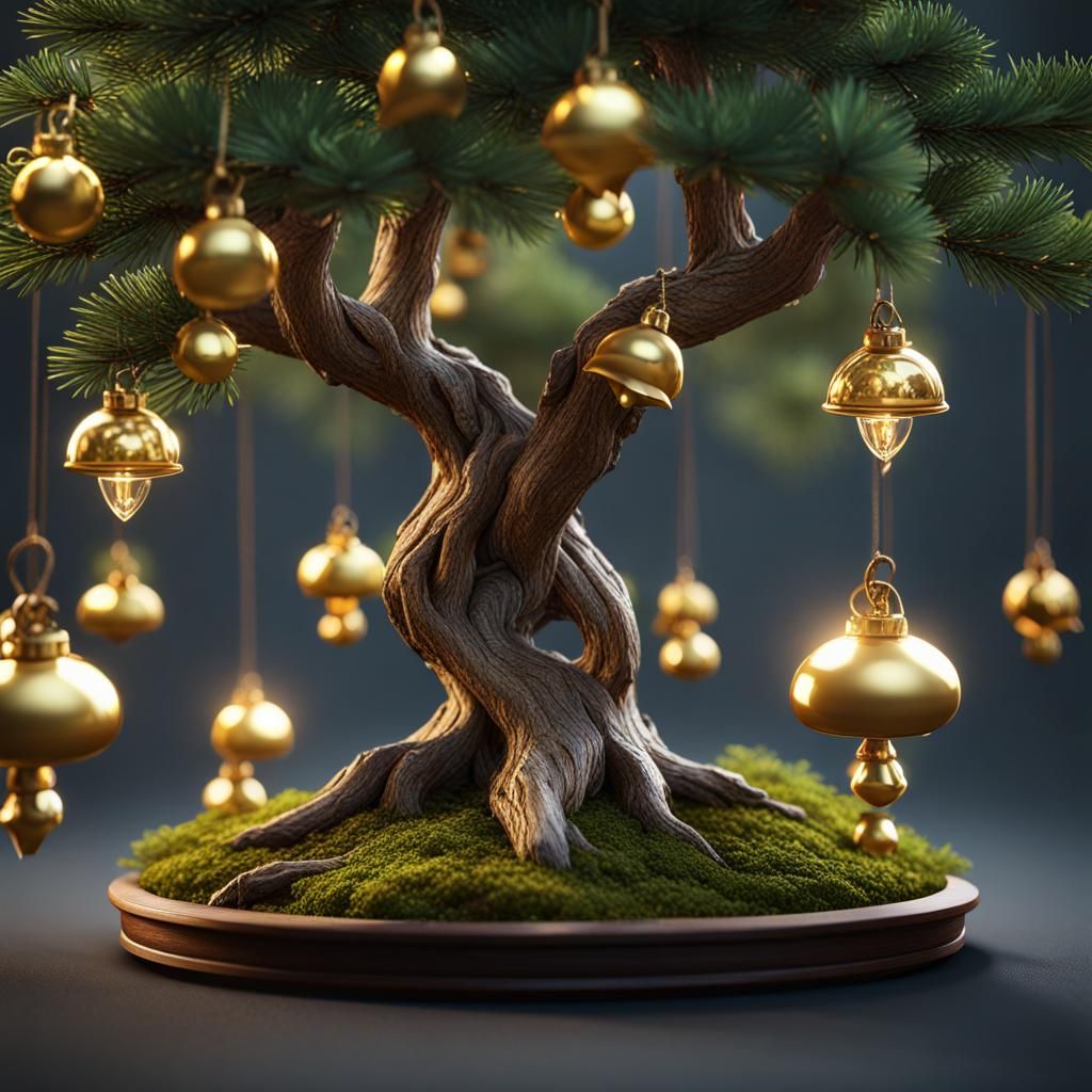 Christmas Bells Adorn a Bonsai Spruce: 3D Render
