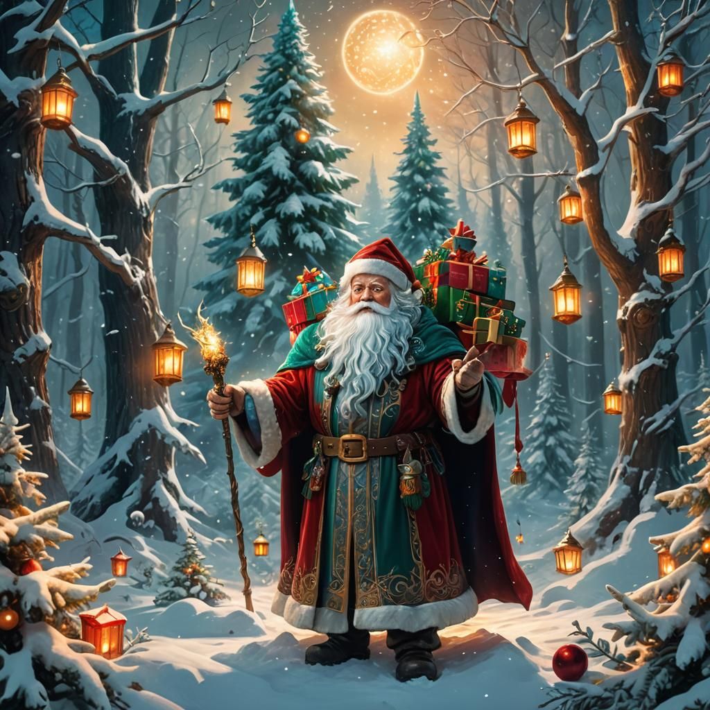 Santa Claus as Wizard in Snowy Forest, Fantasy Art