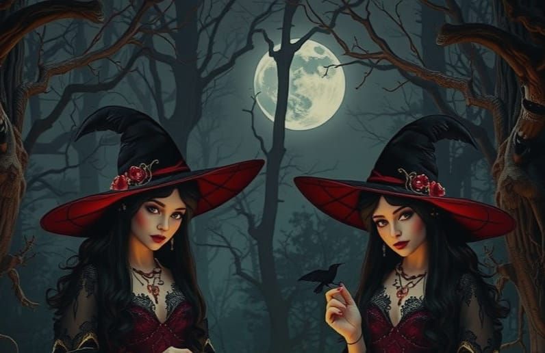 Two Witches in Enchanted Forest, Lavish Velvet and Lace, Und...