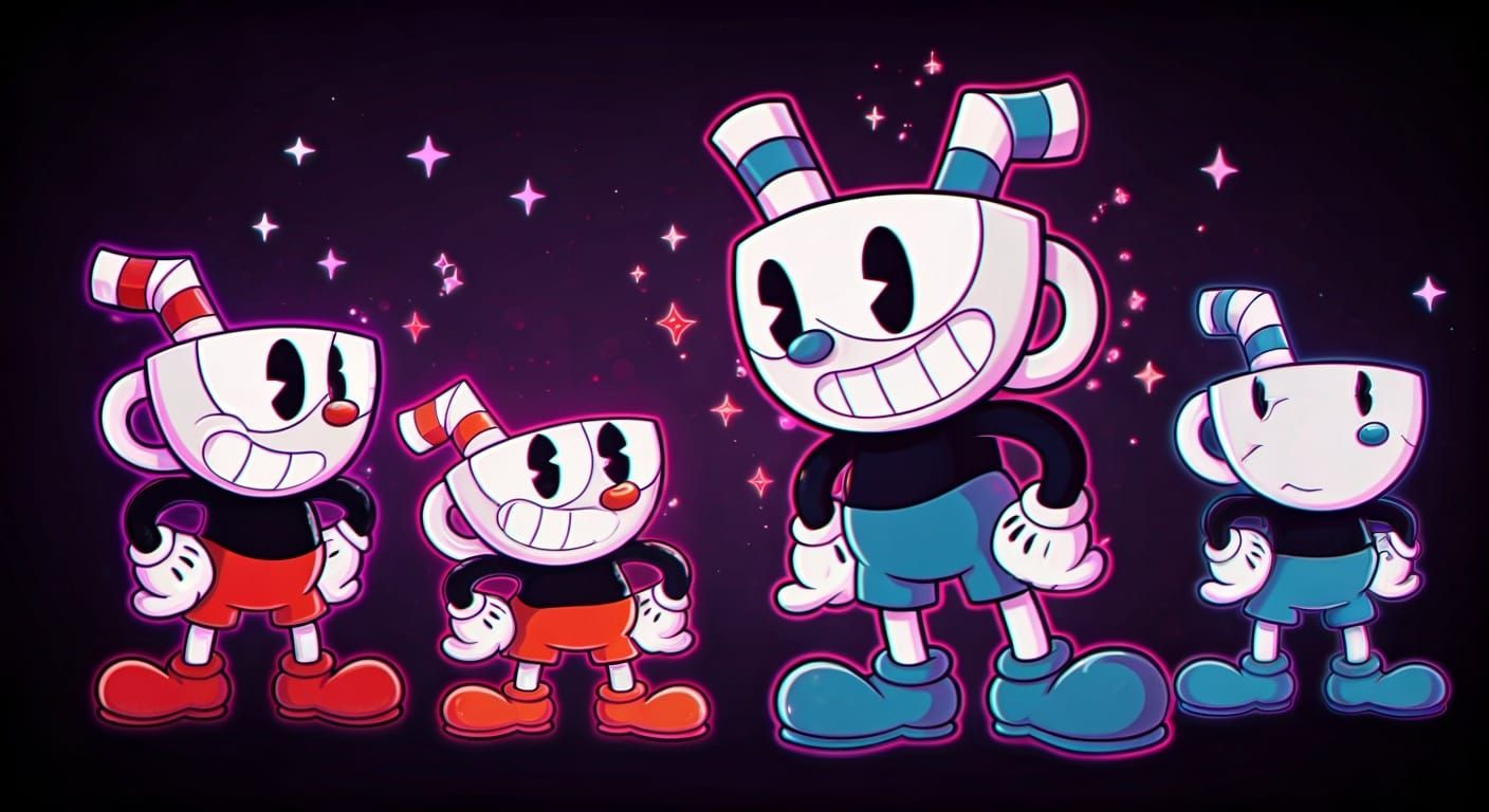 Cuphead Cartoon Characters in Psychedelic Neon Style