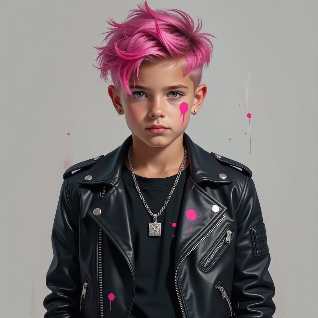 Boy with Pink Hair and Leather Jacket in Photorealistic Styl...