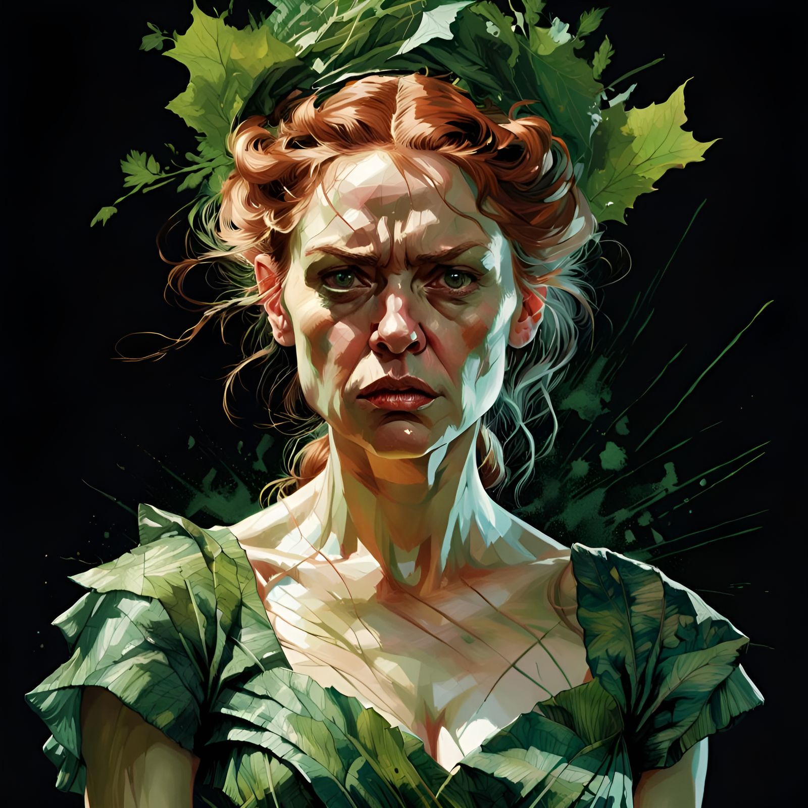 Angry Woman in Leafy Dress Digital Illustration