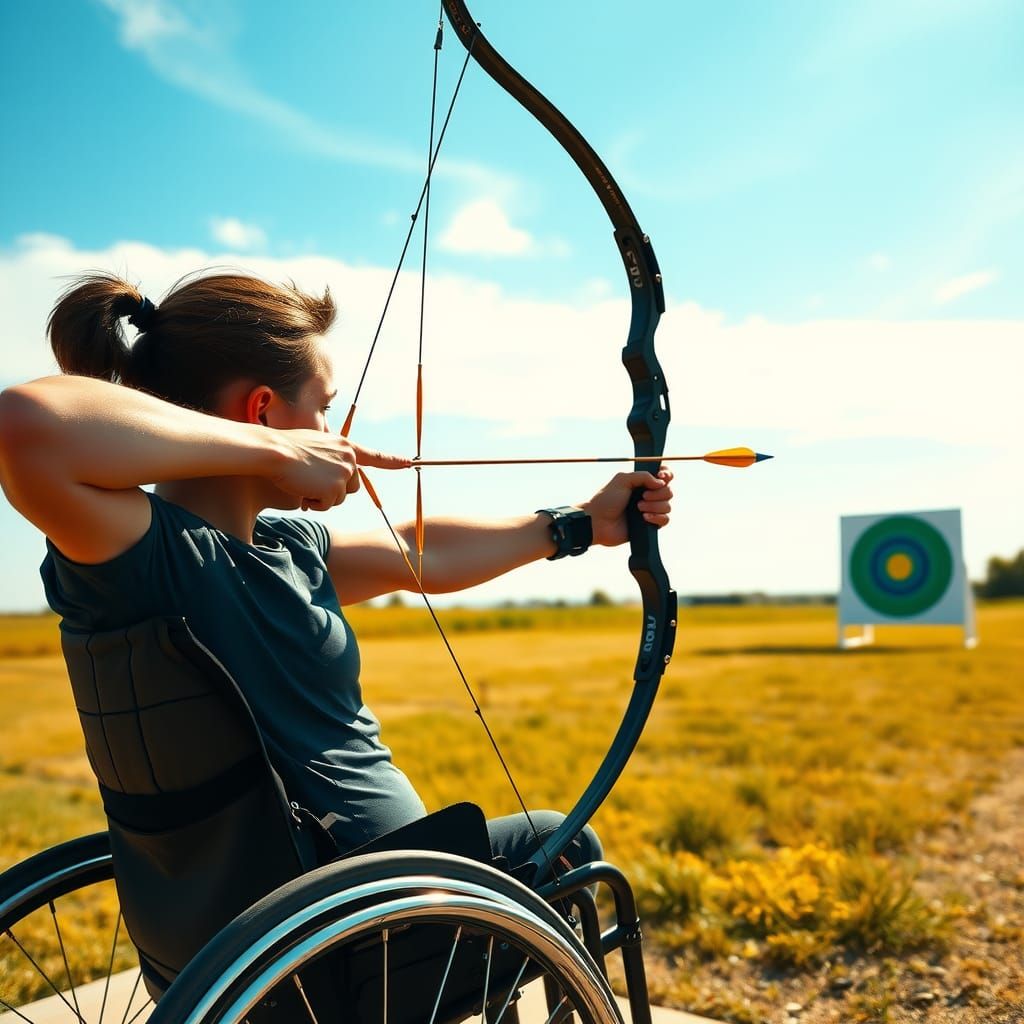 Focused Wheelchair Archer in Expressive Watercolor Style
