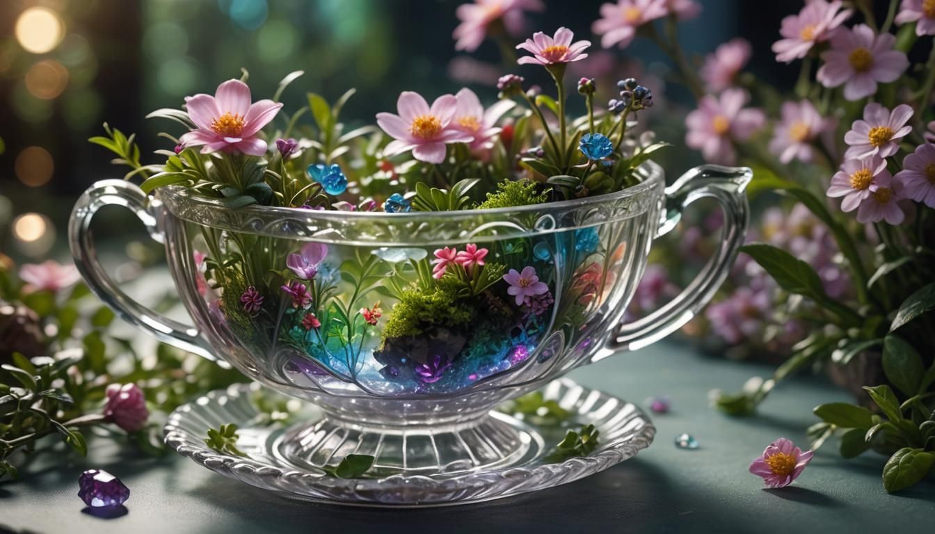Miniature Ecosystem Inside Crystal Teacup, Macro Photography