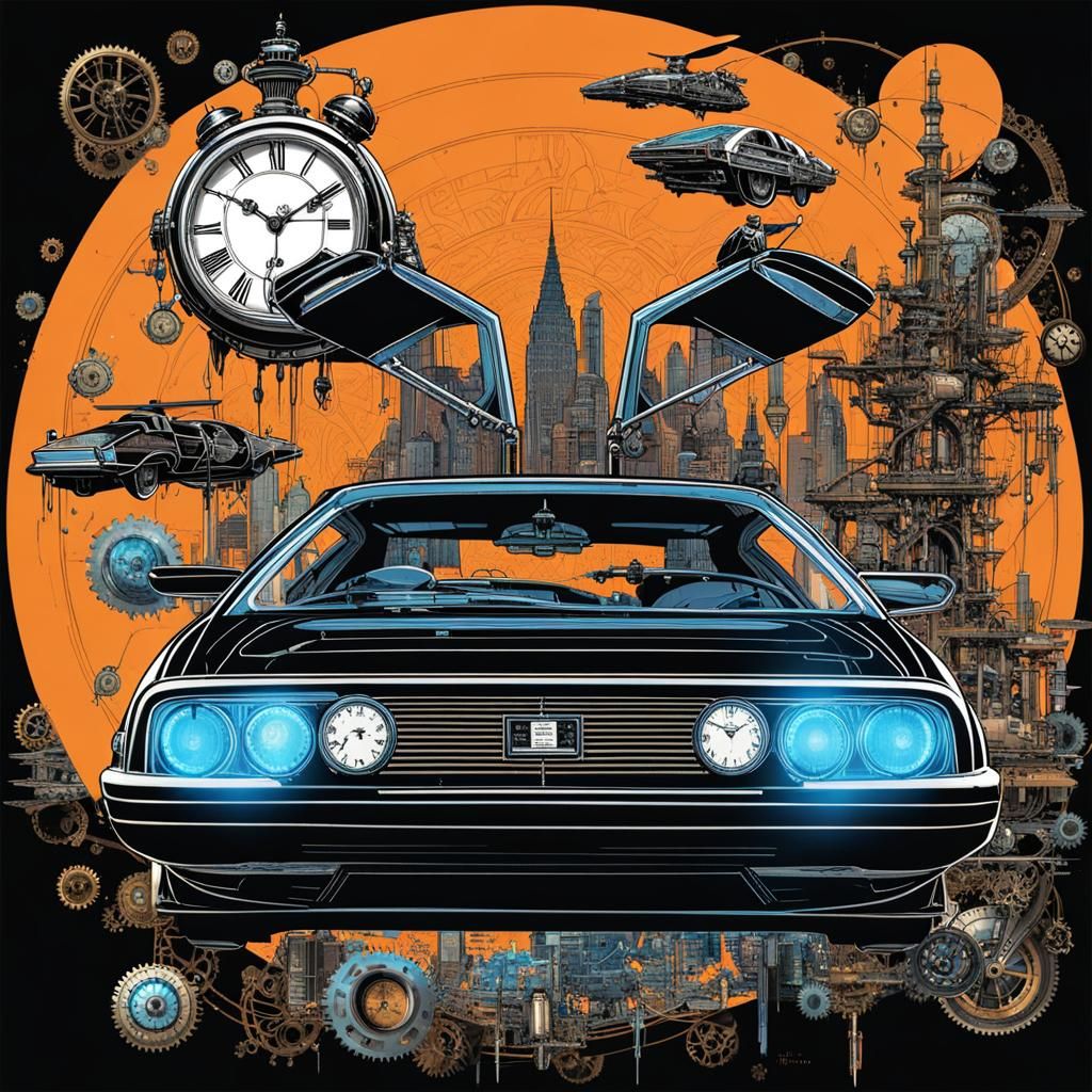 Steampunk DeLorean Time Machine in Flight