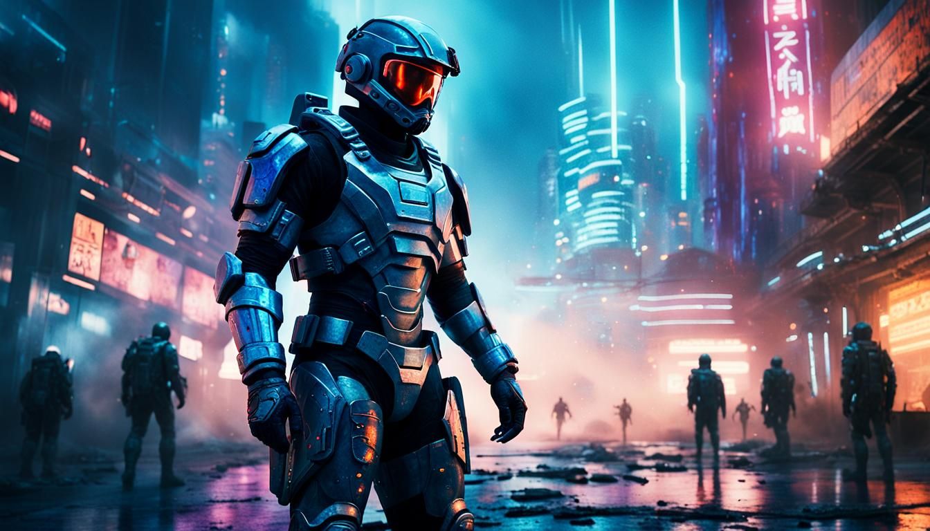 Futuristic Soldier in Dystopian Cityscape