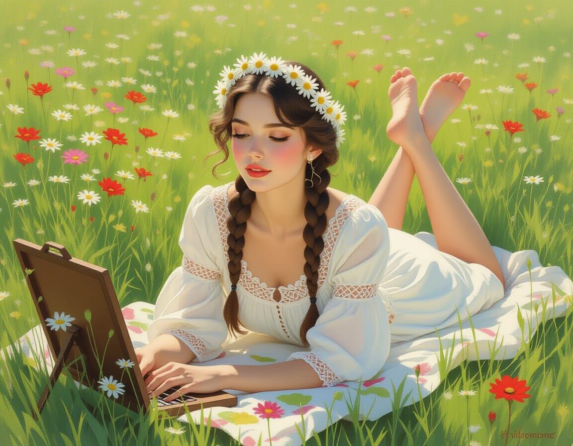 Woman in Meadow with Flowers in Watercolor Style