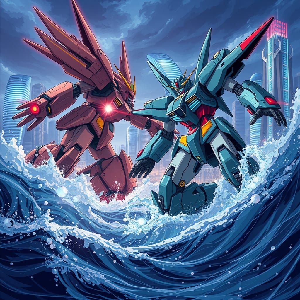 Epic Mecha Battle Near Metropolis in Anime Style