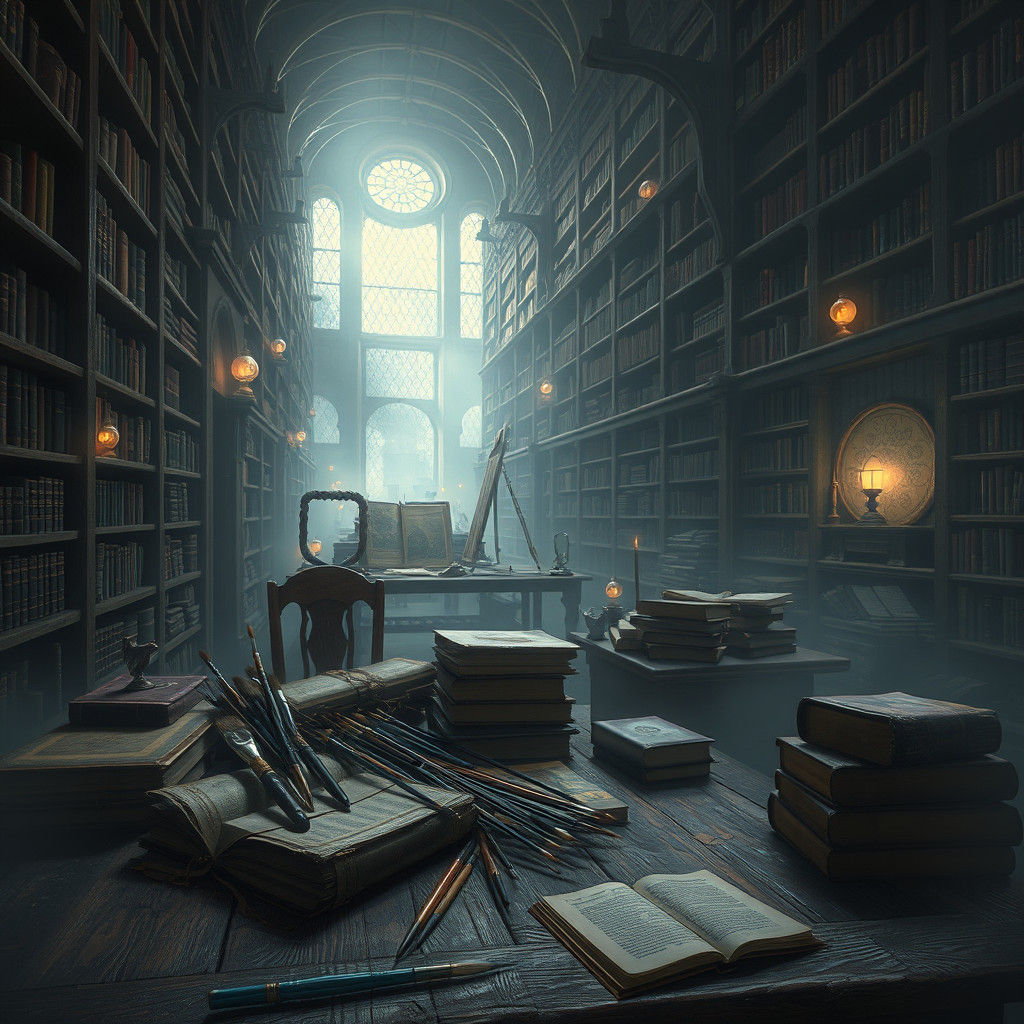 Mystical Library with Ancient Art Brushes