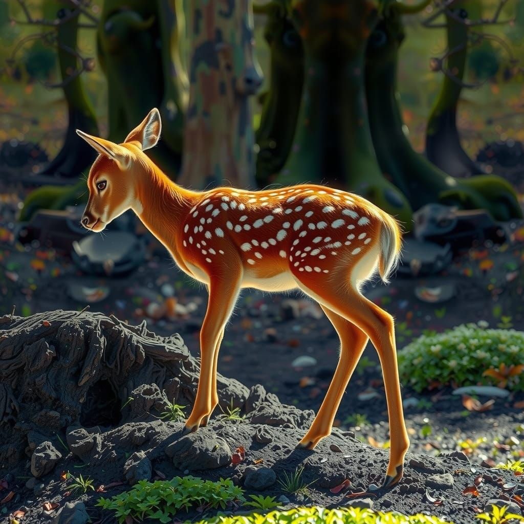 Spotted Fawn in Woodland Fantasy Landscape