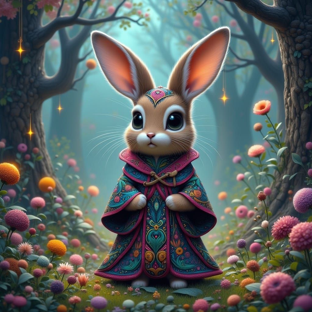 Whimsical Wizard Bunny in Dreamlike Fantasy Landscape