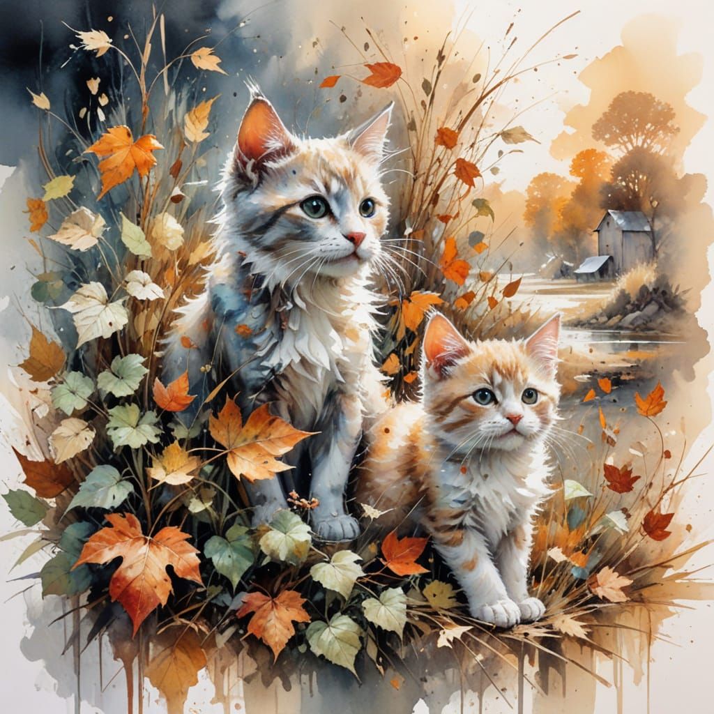 Kittens Explore Autumn Pumpkin Patch in Folk Art Style