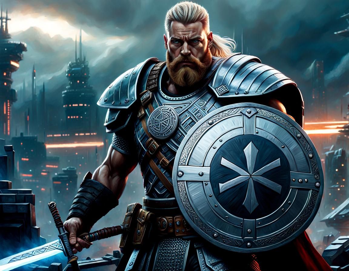 Futuristic Cyberpunk Cyborg Viking Warrior on Battlefield