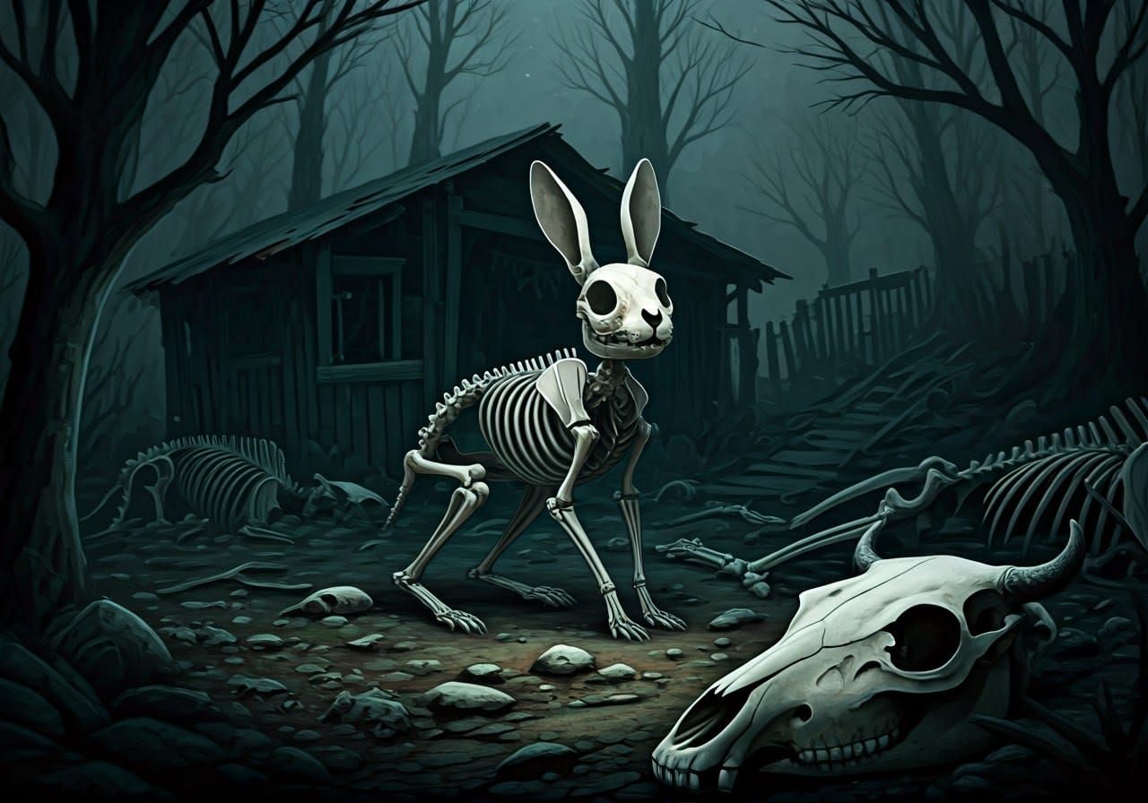 Rabbit Skeleton in Haunted Farm: Dark Whimsical Illustration