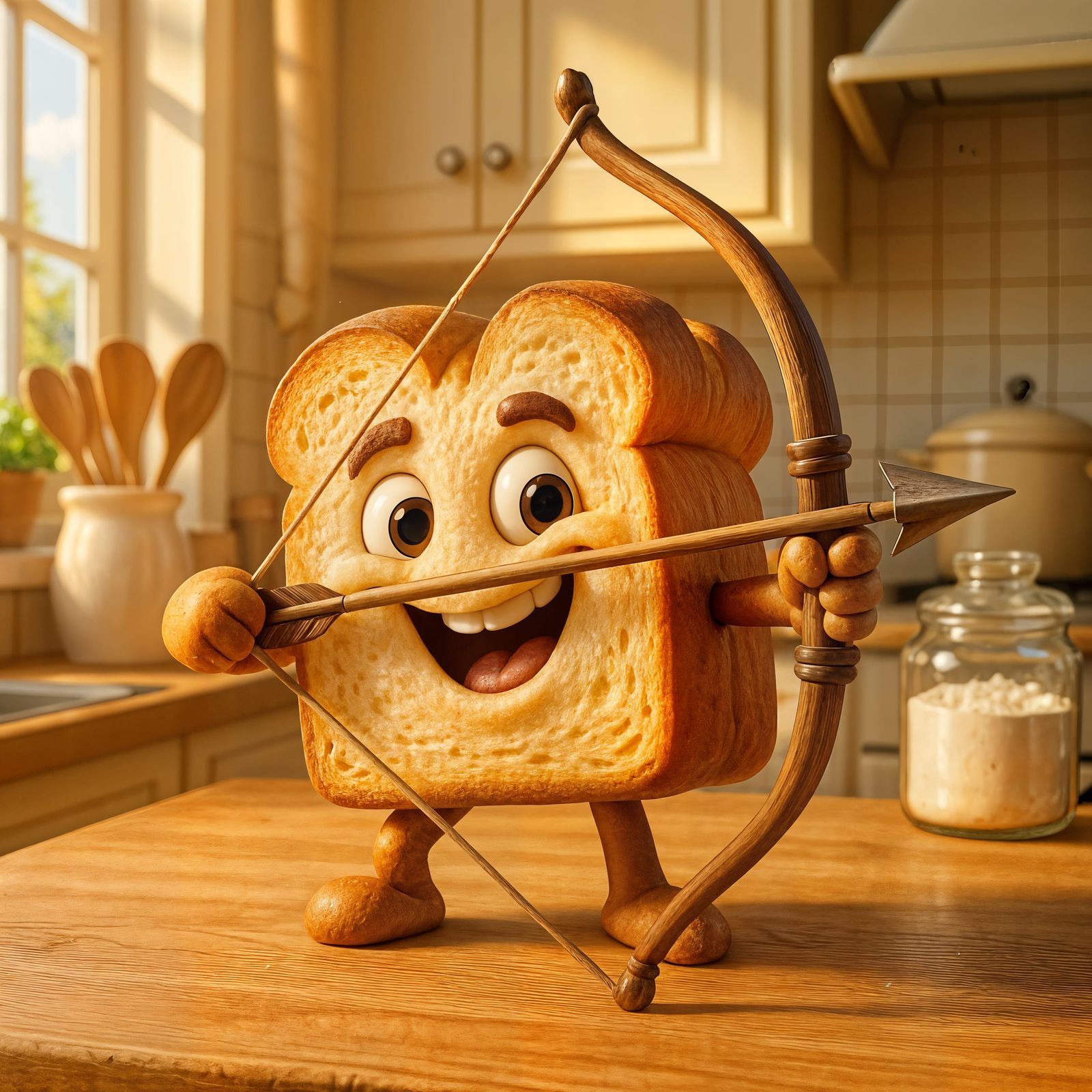 Happy Bread Archer in Sunny Kitchen, CGI Cartoon