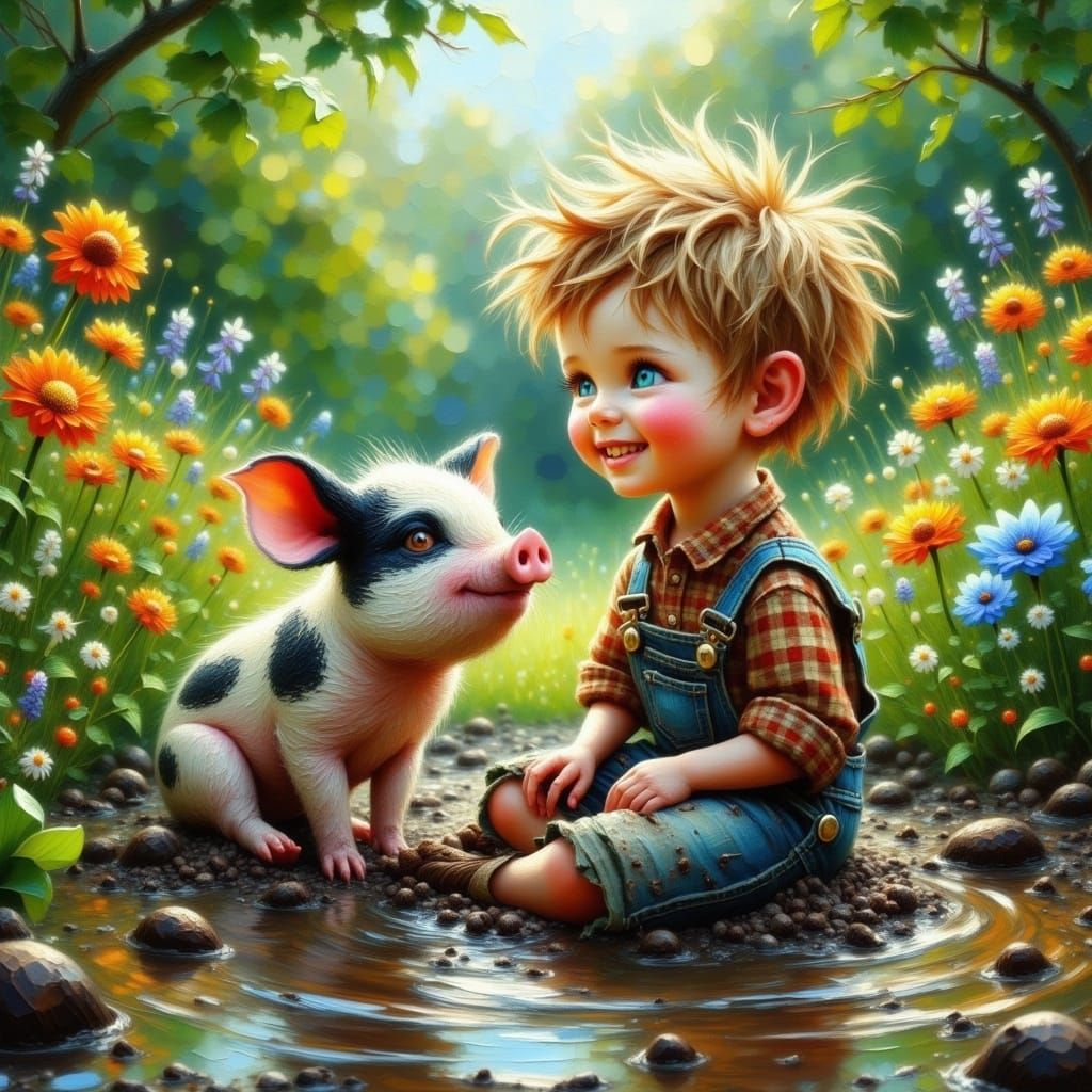 Boy and Piglet: Whimsical Mud Puddle Adventure