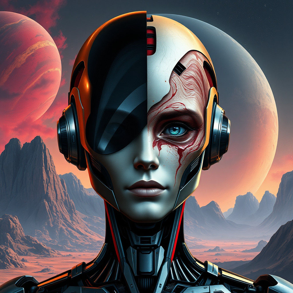 Bifurcated Robot Head in Detailed Sci-Fi Landscape