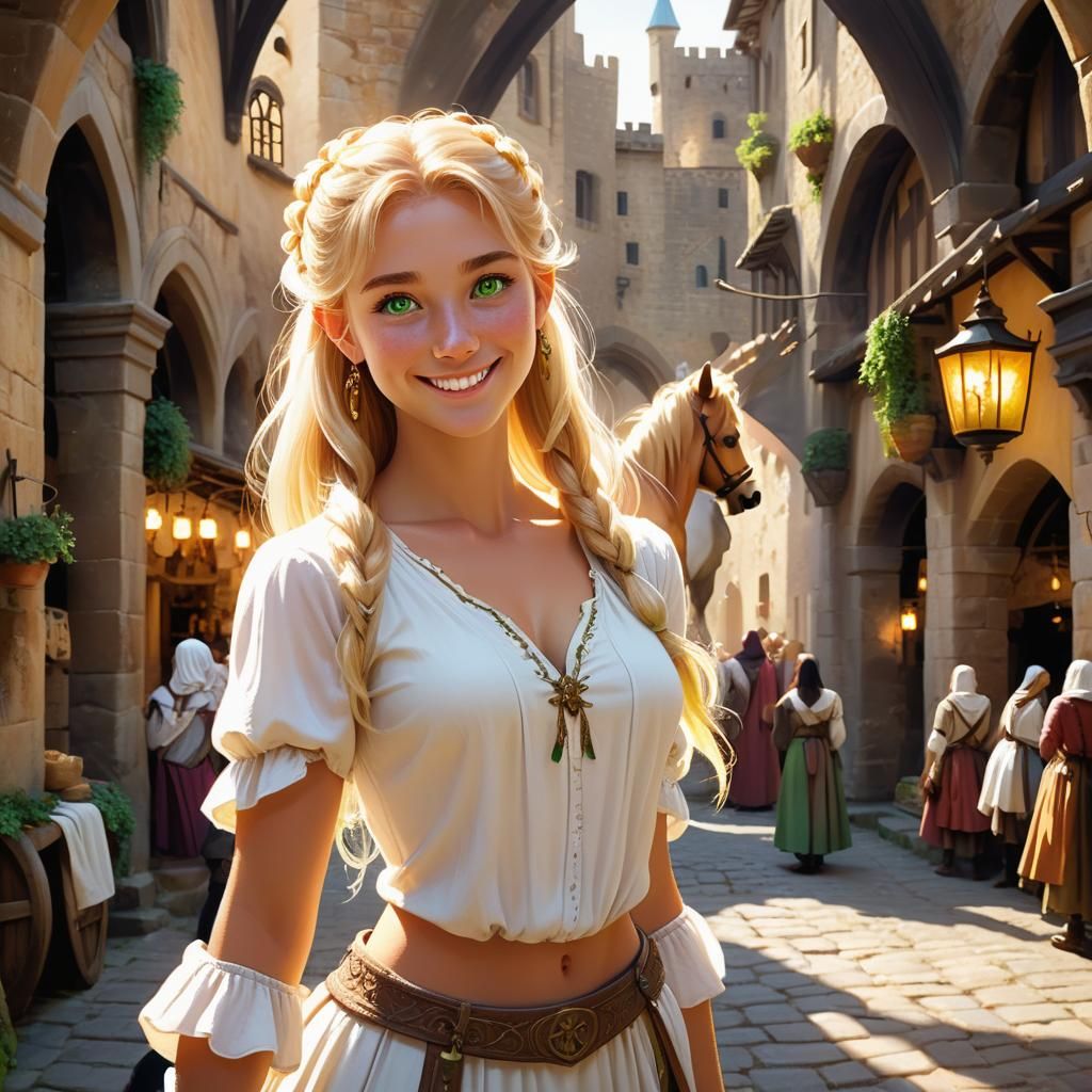 Centaur with Perfect Face in Medieval Marketplace