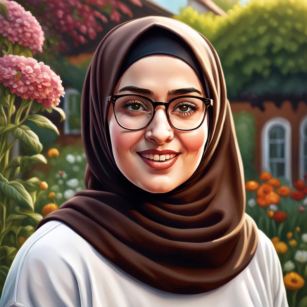 Confident Woman in Hijab Oil Painting in Garden