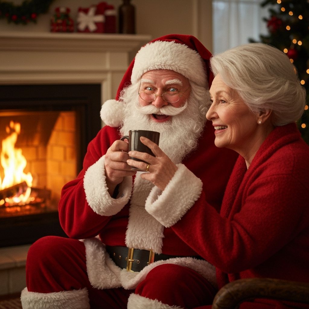Santa and Wife Share Hot Chocolate by Fireplace