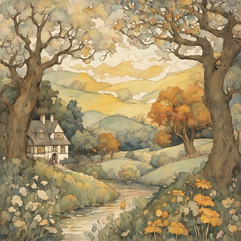 Vintage Children's Garden Scene in Whimsical 1920s Style