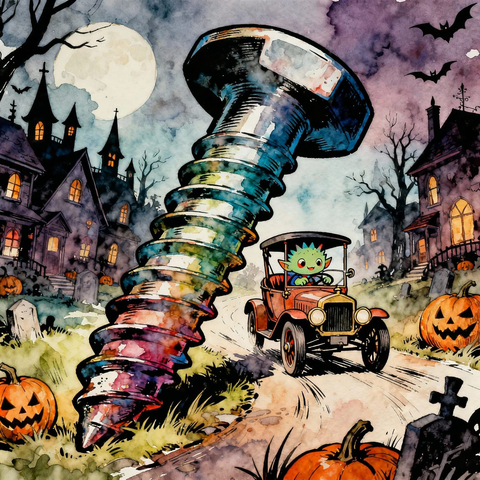 Spooky Halloween Neighborhood Inside Giant Screw, Comic Wate...
