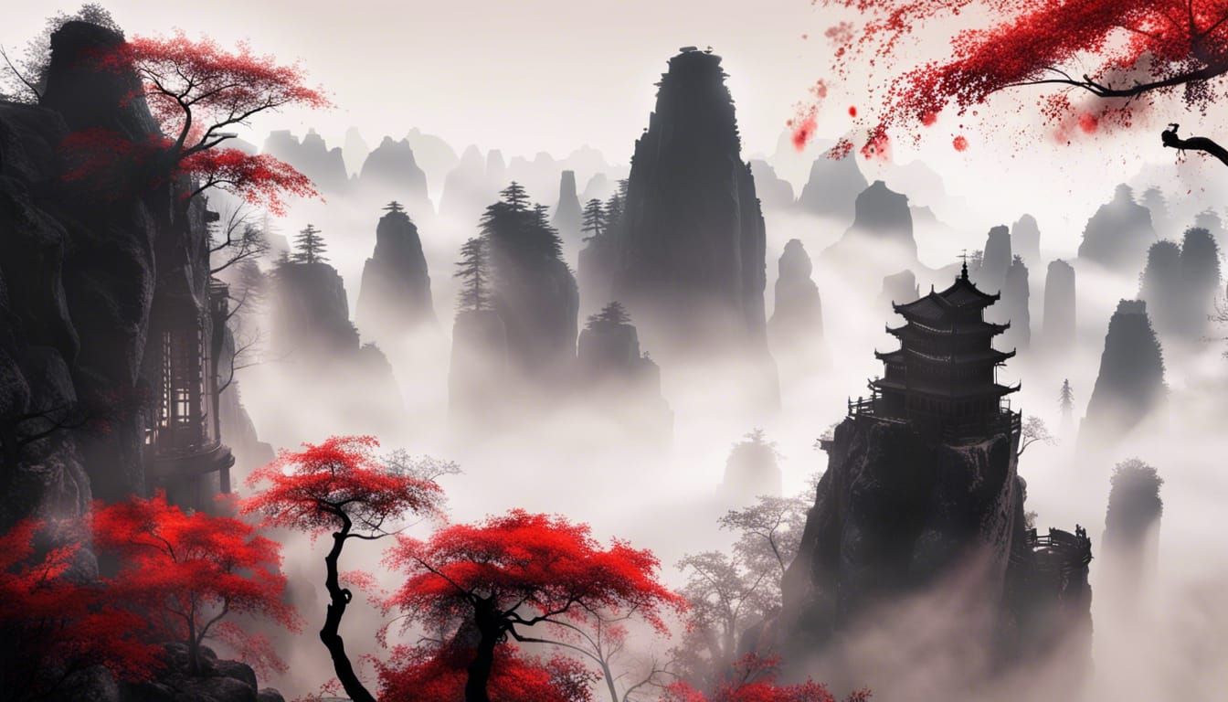 Tianzi Mountains Silhouette in Chinese Art Style