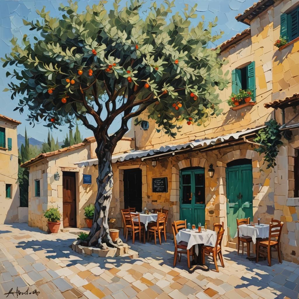 Riviera Pizzeria: Minimalist Impasto Oil Painting