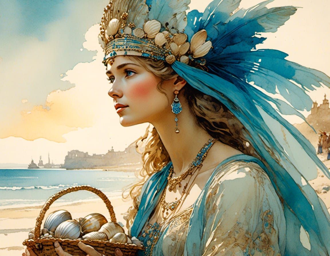 Breton Woman with Shells: Watercolor and Ink Portrait